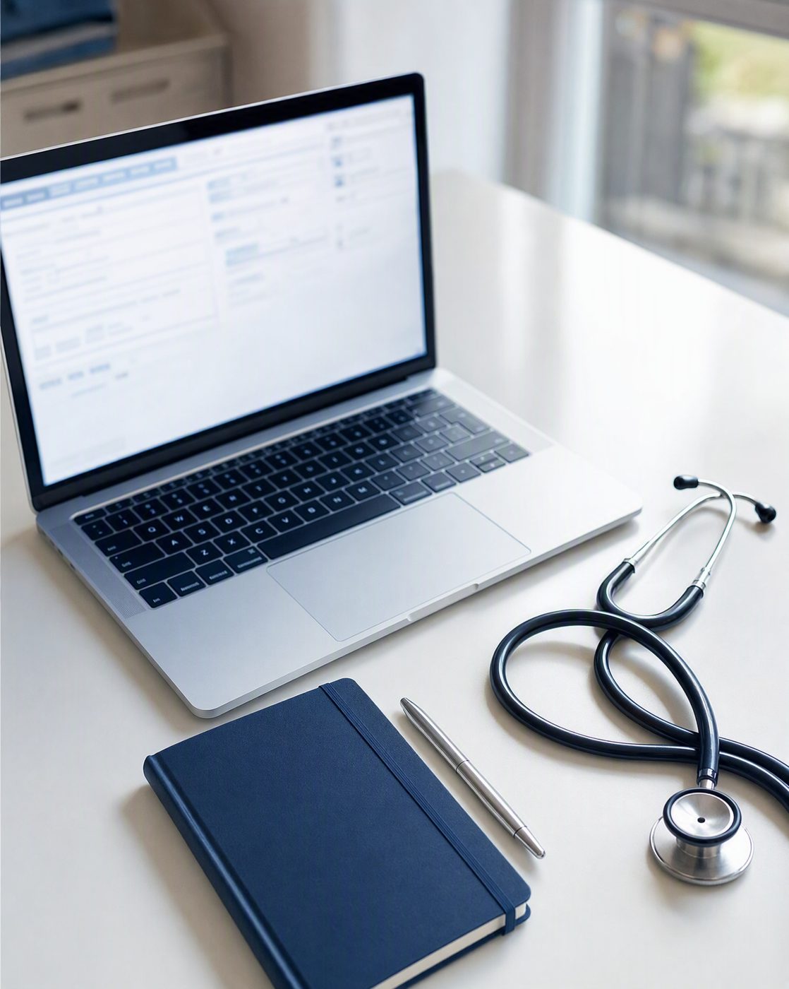 Clinician's desk with laptop, stethoscope, and notebook
