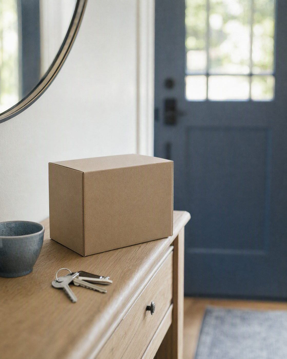 Plain unmarked shipping box on an entry table